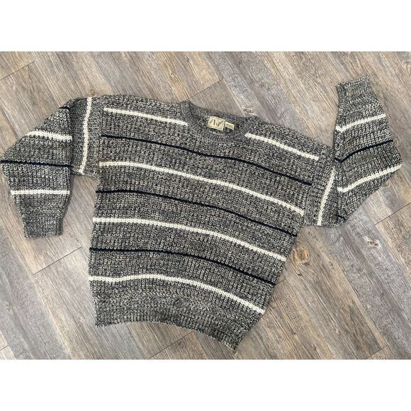 Apparel Workshop Mens Large Chunky Knit Crew Neck Sweater Grey Black White VTG - Picture 1 of 5